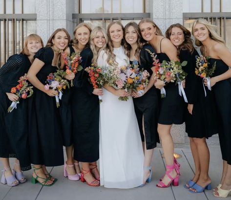 Black And White Wedding With Pops Of Color, Black Bridesmaid Dresses Spring, Black Bridesmaid Dress Summer, Bridesmaid Shoes Black, Black Bridemaids Dresses, Black Dresses Elegant, Black Bridesmaid Dress Mismatched, Bridesmaid Dress Color Schemes, Pastel Bridesmaids