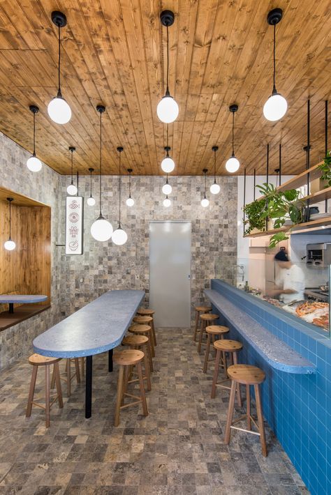 Diner Interior, Grey Travertine, Terrazzo Grey, Surf Bar, Blue Terrazzo, Small Restaurant Design, Dream Cafe, Fish And Chip Shop, Small Restaurant