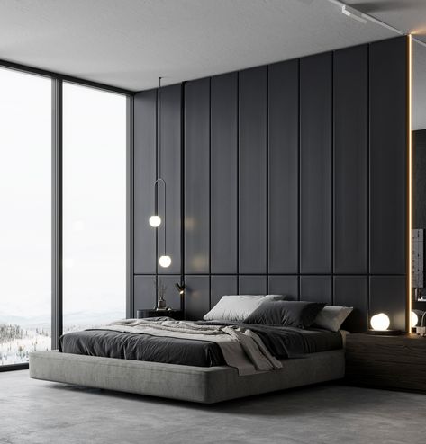 Bedroom in black on Behance Black Luxury Bedroom, Idea Bilik Tidur, Black And Grey Bedroom, Reka Bentuk Bilik Tidur, Hiasan Bilik Tidur, Bedroom Interior Design Luxury, Modern Bedroom Interior, Fall Bedroom, Black Bedroom