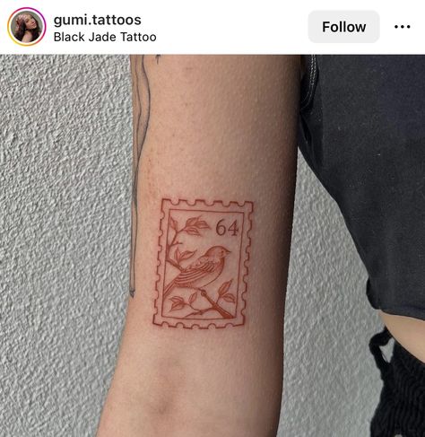 Postage Stamp Tattoo Design, Gallery Wall Tattoo, Small Stamp Tattoo, Rainier Tattoo, Stamp Tattoo Design, Tsubaki Flower, Postcard Tattoo, Postage Stamp Tattoo, Farm Tattoo