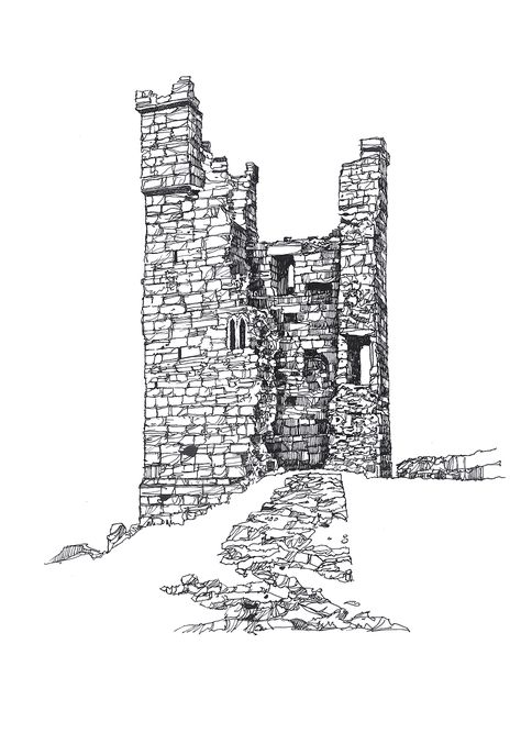 Stone Tower Drawing, Castle Ruins Tattoo, Castle Ruins Drawing, Castle Tower Tattoo, Castle Tower Drawing, Tower Tattoo Design, Castle Drawing Sketches, Gothic Castle Drawing, Castle Ink Drawing