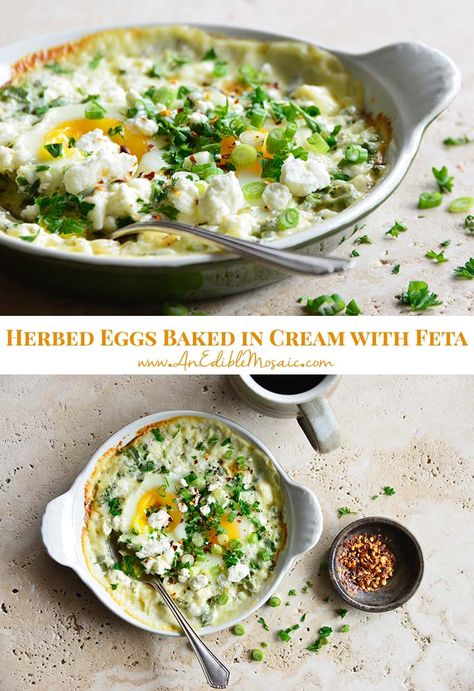 Herbed Eggs Baked in Cream with Feta Recipe Pin Raw Egg Recipes, Unique Egg Recipes, Healthy Recipes With Eggs, Baked Egg Recipes, Yacht Food, Fancy Eggs, Feta Recipe, Ways To Cook Eggs, Baked Eggs Recipe