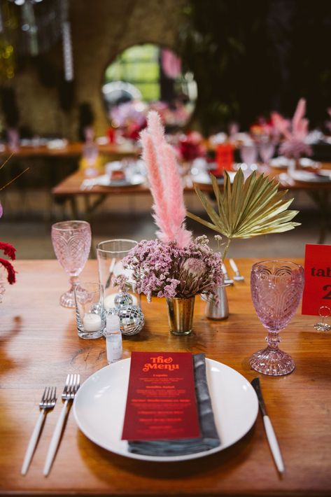 disco inspired wedding reception at Millwick in DTLA #DTLAwedding #colorfulweddingplanner #losangelesweddingplanner Disco Table Scape, Tropical Disco Wedding, Disco Reception, Disco Table, Disco Themed Wedding, Tropical Disco, Deep Red Wedding, Silver Wedding Dress, Colorful Weddings