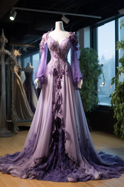 Lavender flower inspired gown Fantasy Dress Purple, Princess Dress Fairytale Royal, Purple Fantasy Dress, Premier Dresses, Daenys Targaryen, Lavender Wedding Dress, Royal Purple Dress, Premier Dress, Vintage Purple Dress