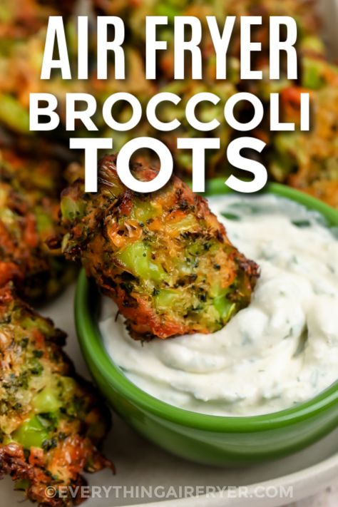 A cooked Broccoli tot being dipped in dip with a title Breaded Broccoli, Brocoli And Cheese, Brócoli Recipes, Broccoli Tots Recipes, Frozen Broccoli Recipes, Cheese Tots, Broccoli Tater Tots, Broccoli Cheddar Bites, Homemade Dipping Sauce