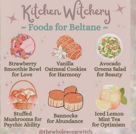 Foods for Beltane Foods For Beltane, Beltane Food Recipes, Beltane Foods, Witchy Food Recipes, Kitchen Witchery Recipes, Beltane Food, Witch Cookbook, Witchcraft Recipes, Beltane Celebration