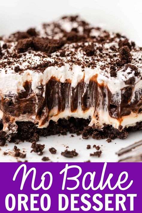 This easy No Bake Oreo Dessert is an irresistible mix of whipped cream, chocolate pudding, Oreo cookies, and a rich cream cheese filling all stacked on an Oreo crust. This is a total crowd pleaser and is one of my family's favorite desserts! Oreo Dessert Healthy, Oreo Dirt Dessert Recipe, Oreo Ice Cream Dessert Frozen, Oreo Surprise Dessert, Office Dessert Ideas, Oreo Fluff Dessert Cool Whip, Summer Dessert Recipes For A Crowd, Easy Oreo Dirt Cake, Easy Cheap Desserts