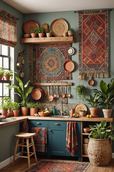 20 Modern Boho Kitchen Ideas – ToolzView Boho Country Kitchen Decor, Interior Design Apartment Kitchen, Boho Inspo Decor, Plant Shelf In Kitchen, Pastel Boho Kitchen, Boho House Decor Ideas, Desert Kitchen Design, Post Modern Kitchen, Boho Mobile Home