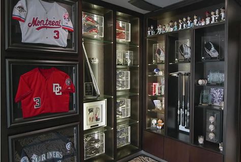 You live for baseball season. The weather is warm, the day's long, and the game's incredible. Your summer project for the year is to make… Sports Room Man Cave, Sports Memorabilia Display, Baseball Man Cave, Small Man Cave, Man Cave Ideas, Sports Man Cave, Man Cave Design, Memorabilia Display, Ultimate Man Cave