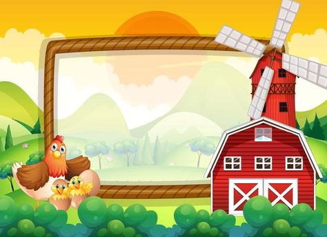 Frame template with chickens in the farm Toddler Activities Daycare, Spring Sale Banner, Farm Cartoon, Farm Vector, Bday Party Kids, Happy Farm, Christmas Tree Background, 2nd Birthday Party Themes, Background Design Vector