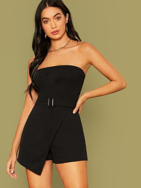 Solid Belted Tube Skort Romper | SHEIN Tube Romper, Skort Romper, Tube Jumpsuit, Leg Belt, Causal Outfits, Jumpsuit Summer, Shein Style, Pop Fashion, Rompers Women