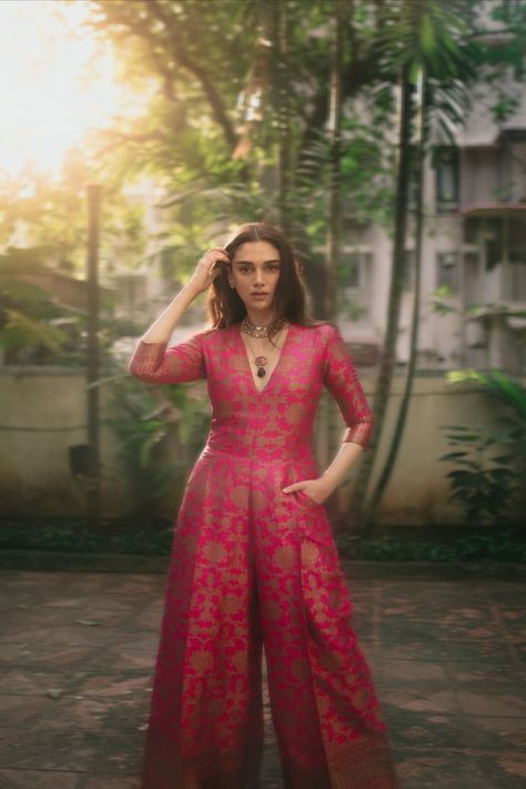 in our handwoven silk brocade jumpsuit Wedding Outfits From Scratch, Jumpsuit From Saree, Outfit From Scratch Indian, Brocade Jumpsuit, Indian Colors, Aditi Rao Hydari, Indian Bridesmaid Dresses, Sangeet Outfit, Aditi Rao