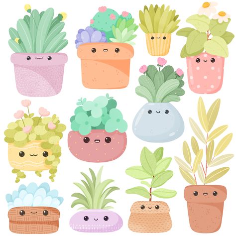 Plants Cute Drawing, Kawaii Plants Drawing, Cute Plant Illustration, Cute Animal Stickers Kawaii, Cute Clipart Aesthetic, Cute Plants Drawing, Cute Plant Drawings, Kawaii Stickers Png, Sticker Art Ideas