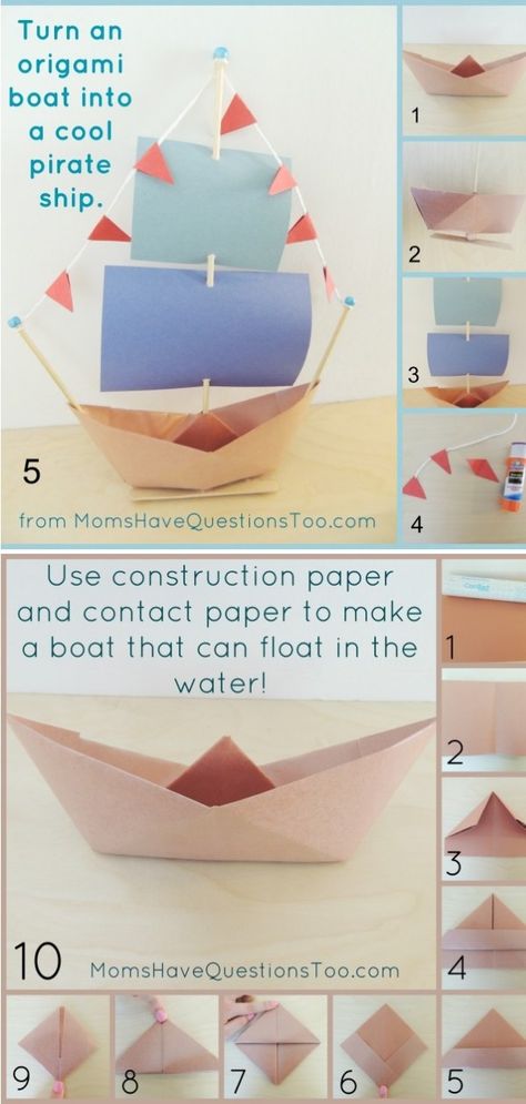 Origami Boat and Pirate Ship Craft  Let's start today's list with a treat for all the origami enthusiasts out there. If you love paper crafts as much as we do, you are going to make yourself a whole bunch of colorful boats right away.  #diyideas #diyboat #diyforkids #craftsforkids #freediytutorial Origami Boat Instructions, Pirate Ship Craft, Origami Sailboat, Origami Ship, Boat Craft, Make A Paper Boat, Craft Origami, Pirate Crafts, Boat Crafts