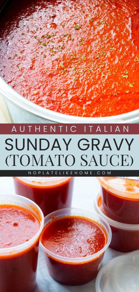 Get ready for a big pot of this homemade condiment! Nothing beats this Authentic Italian Sunday Gravy. Rich in color with a wonderful flavor, this homemade tomato sauce is perfect for any pasta dish. This easy sauce recipe is also vegetarian, vegan, and gluten-free! Best Italian Tomato Sauce Recipe, Italian Gravy Recipe, Italian Sunday Gravy, Sunday Gravy Recipe, Italian Sauce Recipes, Italian Spaghetti Sauce, Sunday Gravy, Red Sauce Recipe, Recipe Tomato