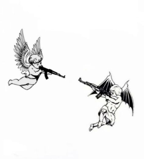 Angel Demon Tattoo, Dark Tattoos For Men, Small Angel Tattoo, Angel Devil Tattoo, Chest Tattoo Stencils, Rib Tattoos For Guys, Cupid Tattoo, Tattoo Angel, Dark Tattoos