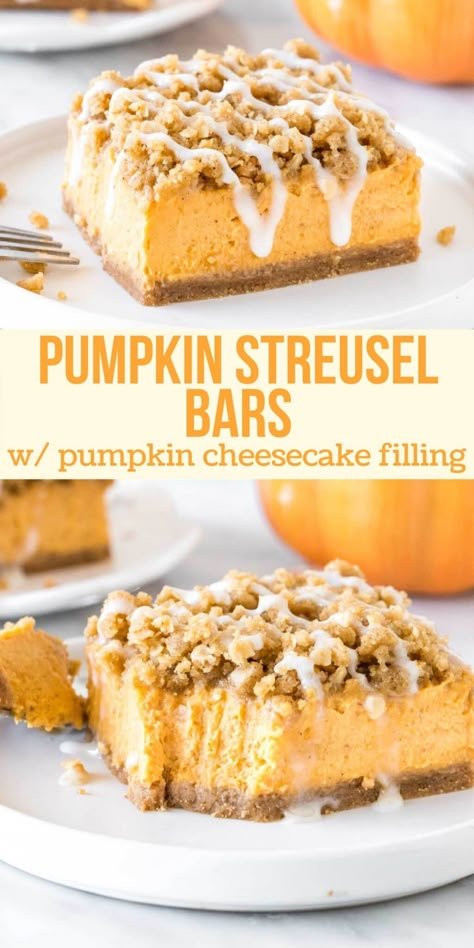 These delicious pumpkin streusel bars have a cinnamon graham cracker crust, creamy pumpkin cheesecake filling, and brown sugar streusel on top. They're a little different than classic pumpkin pie - and even more delicious if you ask me. #pumpkin #bars #streusel #cheesecake #fall #baking #treat #dessert #pumpkinstreuselbar from Just So Tasty Pumpkin Cheesecake Filling, Cinnamon Graham Cracker Crust, Pumpkin Streusel, Streusel Bars, Pumpkin Cheesecake Bars, Pumpkin Coffee Cakes, Pumpkin Pie Bars, Homemade Pumpkin Puree, Pumpkin Bars