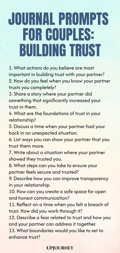 Explore these insightful journal prompts designed for couples to enhance trust and connection in your relationship. Building trust is essential for a strong partnership, and these prompts will help you deepen your bond through meaningful conversations. Take some time together to reflect on these prompts and grow closer as a couple. Strengthen trust, communication, and understanding with the power of intentional journaling. Start your journey towards a more trusting and fulfilling relationship to Journaling For Couples, Journal Prompts For Relationship Problems, Couple Journal Prompts, Trust Building Activities For Couples, How To Rebuild Trust In A Relationship, Relationship Building Activities Couples, Prompts For Relationship, Couple Journal Ideas Relationships, Journal Prompts For Couples