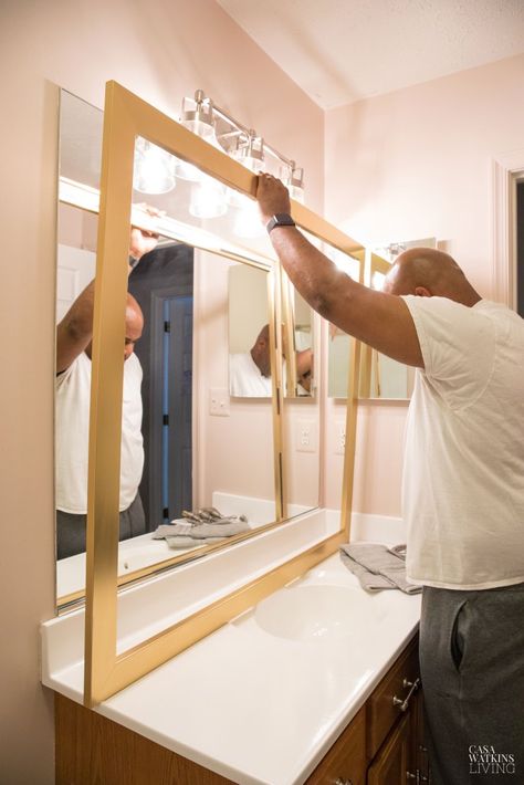 How To Frame Out A Bathroom Mirror, Update Large Bathroom Mirror, Large Bathroom Mirror Ideas Diy Frame, How To Frame A Large Bathroom Mirror, Large Mirror Frame Diy, Framing Mirrors Diy, Large Bathroom Mirror Makeover, How To Frame A Bathroom Mirror, Bathroom Mirror Ideas Single Sink