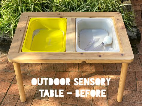 Ikea Flisat Sensory Table for Montessori DIY outside play for toddlers (2) Ikea Sensory Table Diy, Diy Water Sensory Table, Diy Ikea Flisat Table, Sensory Table Outdoor, Wooden Sensory Table, Ikea Water Table, Diy Outdoor Sensory Table, Diy Outside Play, Outdoor Sensory Table Ideas