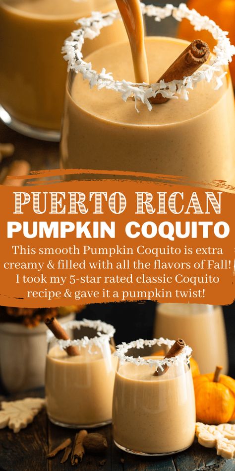 This smooth Pumpkin Coquito is extra creamy and filled with all the flavors of Fall! I took my 5-star rated Coquito and gave it a delicious pumpkin twist! #Coquito #Pumpkin #PumpkinRecipes #Cocktail #HolidayCocktails #Eggnog #Coconut #Drink Pumpkin Spice Coquito, Pumpkin Coquito, Coquito Drink, Eggnog Cocktail, Coquito Recipe, Coconut Drink, Thanksgiving 2023, Puerto Rico Food, Boricua Recipes