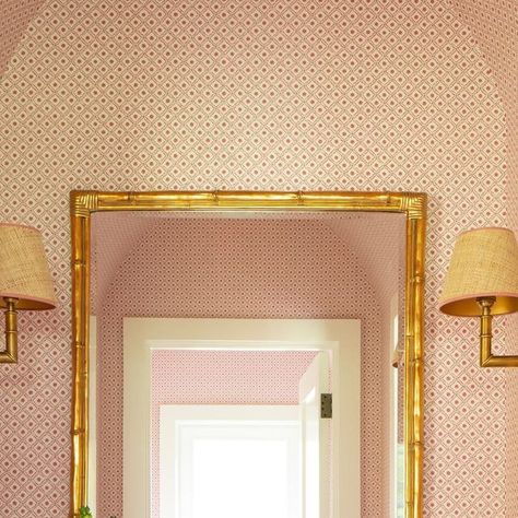 Susan Deliss on Instagram: "Guest powder room that I decorated in the USA. Soane Britain lamps and wallpaper; shades were made by workshop and trimmed to match the wallpaper. I very much adapt the look and colour palette I create to the house and the client. I also like pink! #susandeliss #powderroom #susandeliss #wallpaper #wallpapers #wallpaperinspo #susandelissinteriors #wallpaperinspiration #soane #soanebritain #interiordecor #interiordesign #newenglandinteriors #newenglandliving #guestloo #guestbathroom #benjaminmoore #benjaminmoorepaint #benjaminmoorepaints" Orange Wallpaper Powder Room, Wallpaper Bathroom, Serena And Lily Priano Wallpaper, Serena And Lily Deauville Wallpaper, Serena And Lily Priano Wallpaper Pink, Peach Wallpaper Stripe, Soane Britain, Benjamin Moore Paint, Inspirational Wallpapers