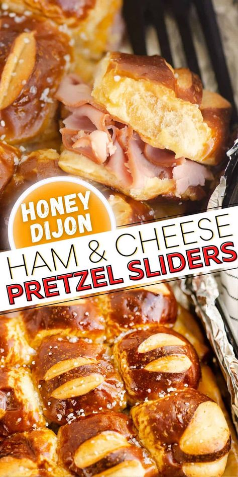 This easy recipe for Honey Mustard Ham & Cheese Sliders made with King's Hawaiian Pretzel Buns makes for a delicious bite of salty sweet goodness in less than 30 minutes. Serve these up for a quick dinner or a game day snack that is sure to be a hit! Pretzel Roll Sandwich, Pretzel Buns Sandwich, Pretzel Bun Sliders, Pretzel Sliders, Honey Mustard Ham, Sliders Recipes Hawaiian Rolls, Easy Slider Recipes, Pretzel Buns, Ham Cheese Sliders