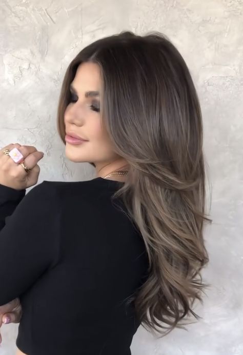 Mushroom Brown Ash Balayage, Dark Hair Balayage Straight, Ash Brown Hair Balayage, Pelo Color Caramelo, Ash Brown Highlights, Hair With Highlights And Lowlights, Brown Hair Color Shades, Black Hair Balayage, Ash Brown Hair