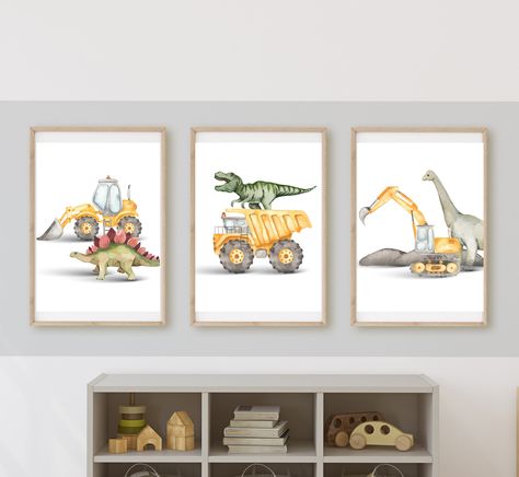 Printed and shipped version of my popular dinosaurs and Construction truck wall decor! Set of 3 : Bulldozer, excavator, and a dump truck! T-Rex and other dinosaurs.  They will be printed on 11x14 inch matte linen paper. Frames not included. These 11x14 prints will make the perfect addition to your kid's room, playroom, or nursery! -What's included       --PRINTED and SHIPPED 11x14 set of 3 construction trucks with Dino's wall art. ------NOT FRAMED.-----       --satisfaction guarantee, I'm availa Dinosaur Theme Room, Dinosaur Theme Bedroom, Truck Room Decor, Truck Room, Dinosaur Room, Construction Trucks, Dinosaur Wall Art, Cool Wall Decor, Construction Theme