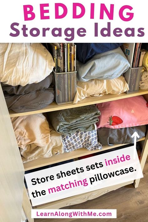 Don't have a linen closet? Many of these bedding storage ideas will still work for you.
This is inside a storage cabinet (a wardrobe) that has been converted into a storage space for bedding. Place the sheets inside their matching pillowcase to keep the set together. 
Then you can stack these bedding bundles on top of each other. To keep them from falling over you can use shelf dividers (or magazine holders like in this photo). 

Click to check out the list and see what'll work for you. Bed Linen Storage Ideas, Comforter Storage Ideas Bedding & Blankets, Storing Bedding Organizing Ideas, Bedsheet Storage Ideas, Storing Comforters Storage Ideas, Store Extra Bedding, Organize Bedding, Comforter Storage Ideas, Bedding Storage Ideas