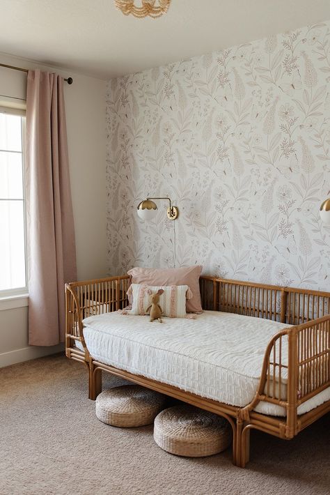 Flower Wall Stencil Bedrooms, Loomwell Wallpaper Nursery, White Accent Wall Bedroom, Toddler Big Girl Room, Baby Girl Room Wallpaper, Girl Bedroom Wallpaper, All White Nursery, Emerald Room, Gooseberry Moon