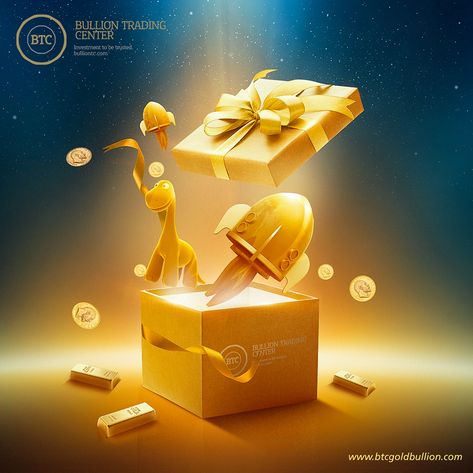 BTC GOLD on Behance Gift Box Social Media Design, Gifts Social Media Design, Reward Poster Design, Gold Social Media Design, Christmas Ad Campaign, Christmas Ads Advertising Campaign, Cement Ads, Reward Poster, Gift Advertising