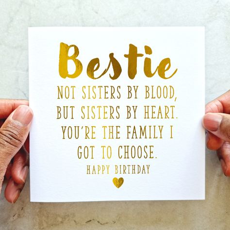 Send your bestie your wishes in style with our Gold Foil Birthday Card. This card has been gold foiled to add a touch of elegance. This is the perfect card to give to your bestie on their special day. The card features a meaningful quote 'To a wonderful best friend If I could give you one thing in this life. I would give you the ability for you to see yourself how I see you every moment of everyday. An amazing, strong, Caring bestie. And then you may understand how incredibly proud I am to call you my Best friend.'   WHAT YOU'RE BUYING: -6x6 inch folded card(250gsm) -Envelope -Posted in a protective hardbacked envelope -Option to add a printed inside message  WANT TO SEND DIRECTLY TO THE RECIPIENT? We can send this card directly to the recipient with the option of an inside message or you Best Friend Gift Card Ideas, Special Friend Birthday Quotes, Bsf Bday Cards, Cute Card Ideas For Best Friend Diy, Bestie Cards Diy, Birthday Card For Bestie Cute Ideas, Birthday Wishes For Bff Girl, Birthday Card For Best Friend Girl, Cute Bday Cards For Best Friend