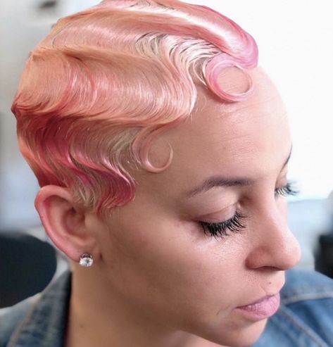 Pink and blonde finger waves Finger Waves With Edges, Finger Waves Straight Hair, Finger Waves Blonde Hair, Finger Waves Short Hair Color, Pink Finger Waves, Blonde Finger Waves, Finger Waves For Black Women, Pink Hairstyles, Hairstyle Ideas For Short Hair