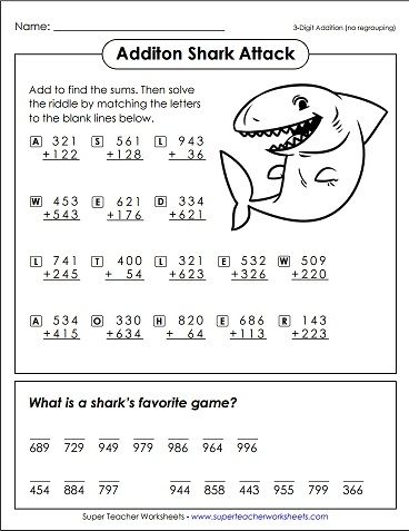 Solve this basic addition math riddle to find out "What is a shark's favorite game?" Fun Math Worksheets 3rd, 3rd Grade Riddles, Shark Math Activities For Preschool, Shark Math Preschool, Shark Worksheet, Shark Math Activities, Homeschool Shark Unit, Math Riddles, Super Teacher