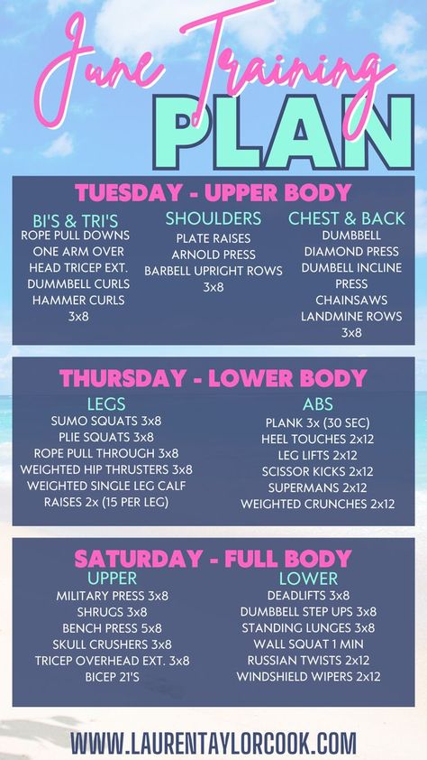 June Training Plan - 3 day a week strength training plan. Women Workout Plan Gym, 3 Month Workout Plan, Women Workout Plan, Gym Training Program, Back And Bis, Strenght Training, Strength Training Plan, Plie Squats, Weight Gain Journey