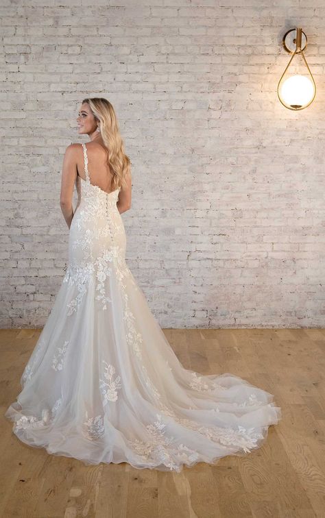 Lace Fit-and-Flare Wedding Dress with Sweetheart Neckline Spaghetti Strap Fit And Flare Wedding Dress, Vintage Fit And Flare Wedding Dress, Fit And Flare Lace Wedding Dress, Lace Fit And Flare Wedding Dress, Fit And Flare Wedding Dresses, Beaded Bodice Wedding Dress, Cassie Wedding, Fit Flare Wedding Dress, Wedding Dress With Spaghetti Straps