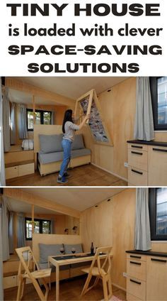 Tiny Cabin Kitchen Tiny House, Tiny Home Features, Dining Tiny House, Tiny Homes Storage Ideas, Tiny Home Table Ideas, Shed Turned Cabin, Tiny House Kitchen Table, Tiny House Features, Simple Tiny House On Wheels