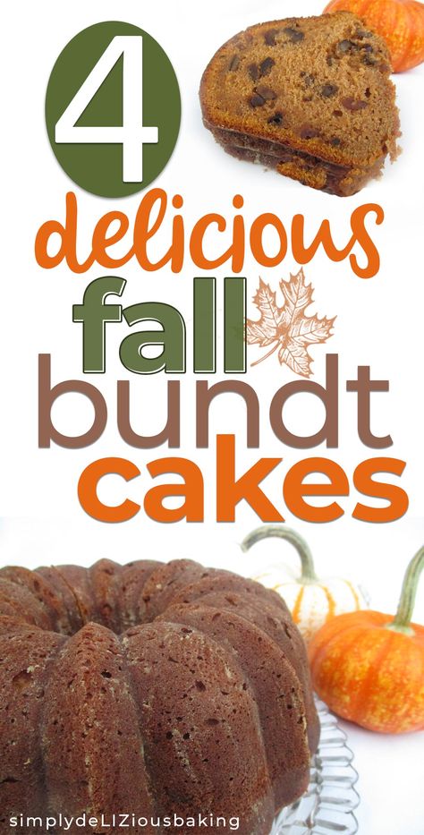 Click here for 4 Delicious Fall Bundt Cakes - These 4 cakes are easy to make with simple ingredients.  They are all delicious and full of fall flavors like apple, cinnamon, nutmeg more.  All 4 cakes are perfect to serve at your fall festivities and on Thanksgiving.  4 of the best autumn cakes.  Click to see the recipe.  #fallcakes #fall desserts #autumncakes #autumndesserts #Thanksgivingcakes #Thanksgivingdesserts Fall Bundt Cakes, Cakes For Fall, Pumpkin Breads, Bunt Cake Recipe, Mini Bundt Cakes Recipes, Easy Bundt Cake Recipes, Easy Pound Cake, Pound Cake Recipes Easy, Easy Bundt Cake