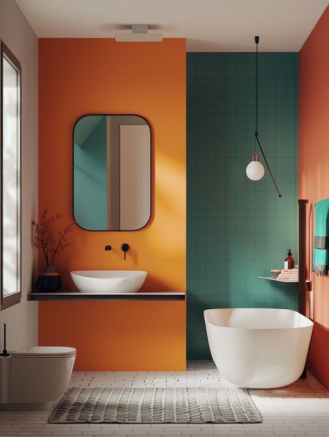 75 Trending Bathroom Paint Colors for a Modern Look Wes Anderson Aesthetic Bathroom, Primary Colors Bathroom, Small Mid Century Bathroom Ideas, Bathroom Yellow Walls, Burnt Orange And Green Bathroom, Fun Bathroom Colors Paint, Small Bathroom Colourful, Restroom Color Ideas, Bathroom Accent Wall Color