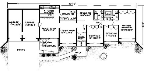 Berm Home Plan First Floor - 038D-0136 | House Plans and More Berm Home, Berm House, Underground House Plans, Green Siding, Greenhouses For Sale, Earth Sheltered Homes, House Green, Earth Sheltered, Kitchen Floor Plans