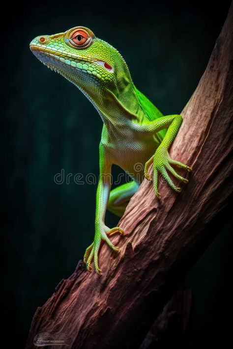 Close up of lizard on tree branch with dark background. Generative AI royalty free stock photography Lizard Photography, Realistic Dragon, Stock Photography Free, Tree Branch, Dark Background, Gecko, Dark Backgrounds, Reptiles, Tree Branches