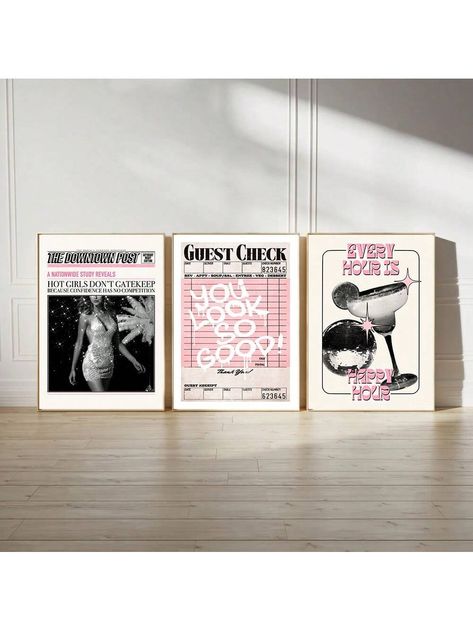 Set Of 3 Preppy Retro Aesthetic Y2K Poster Funky You Look So Good Guest Check Happy Hour Disco Ball Trendy Painting Canvas Print Bar Cart Wall Art Decoration Picture,Living Room Dining Room Home Decor Black Modern,Boho,Simple   Canvas Letter Unframed Painting   Home Decor, size features are:Bust: ,Length: ,Sleeve Length: Y2k Poster, Bar Cart Wall, Funny Wall Decor, Y2k Posters, Guest Check, Stylish Artwork, Aesthetic Print, Canvas Letters, Aesthetic Y2k