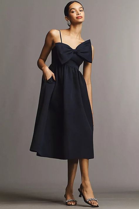 Sachin & Babi Sloane Asymmetrical Bow Taffeta A-Line Midi Dress | Anthropologie Different Bridesmaid Dresses, Black Tie Wedding Guests, Affordable Bridesmaid Dresses, Bridesmaid Dress Colors, Taffeta Dress, Women Wedding Guest Dresses, Blue Midi Dress, Wedding Bridesmaid Dresses, Dress With Bow