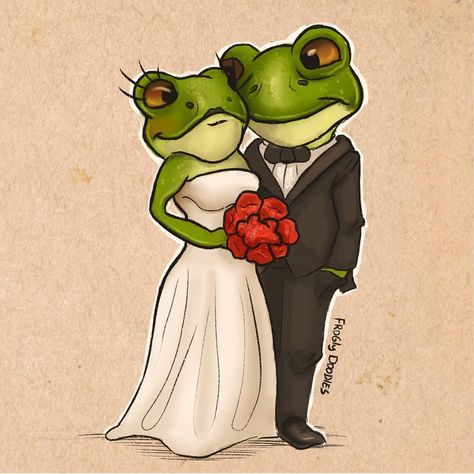 Frogly Doodles on Instagram: “I love being married 💞  The bride and groom frogs were a suggestion from @handmadeart_by_lisa_x Thank you 🙌  #100daysofdrawing…” Frog Couple, Frog Wedding, Frog Love, Sweet Frog, Wedding Drawing, Baby Frog, Frog Pictures, Frog Tattoos, Frog Drawing