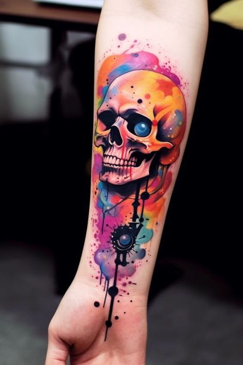 Colourful Skull Tattoo, Graffiti Art Tattoo Ideas, Large Colorful Tattoos, Vibrant Color Tattoos, Colored Skull Tattoo, Color Tattoo For Men Arm, Skull Color Tattoo, Bright Color Tattoo, Bright Color Tattoos