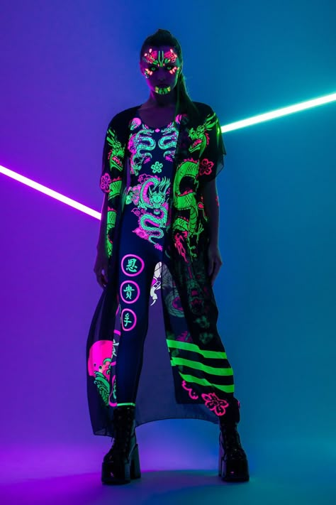 CHINESE DRAGONS UV Light Set Costume Neon Catsuit Rave - Etsy UK Uv Outfit Ideas, Dragon Rave Outfit, Uv Costume, Chinese Dragon Outfit, Neon Rave Outfits Men, Neon Clothes Outfits, Neon Clothing, Electric Style, Neon Outfits Men