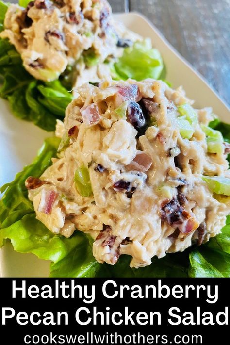 scoop of chicken salad over lettuce Cranberry Almond Chicken Salad, Cranberry Pecan Chicken Salad, Greek Yogurt Chicken Salad, Yogurt Chicken Salad, Cranberry Chicken Salad, Healthy Chicken Salad Recipe, Pecan Chicken Salads, Pecan Chicken, Cranberry Salad