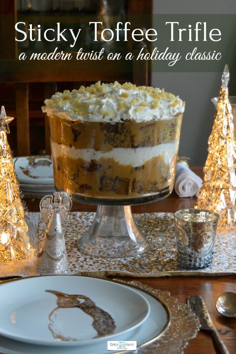 Sticky Toffee Trifle - Entertablement Best Christmas Trifle Recipes, Sticky Toffee Pudding Without Dates, Toffee Trifle Desserts, Triffle Recipes Holiday, Sticky Toffee Pudding Trifle, English Christmas Trifle, Trifle For Thanksgiving, Sticky Toffee Pudding Layer Cake, Christmas Trifle Recipes Holidays