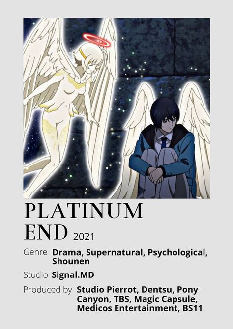 Platinum End Anime Minimalist poster 😊 Information taken from myanimelist.net and wikipedia.org Platinum End Anime, Platinum End, Poster Information, Anime Minimalist Poster, Japanese Animated Movies, Anime Suggestions, Animes To Watch, Poster Anime, Anime Printables